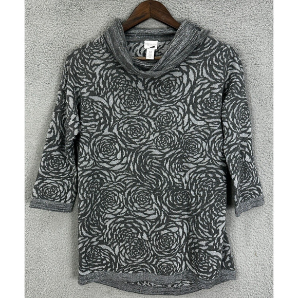 Chicos Sweater Womens Small Gray Floral Rose Metallic Cowl Neck Dark Feminine - Picture 1 of 7
